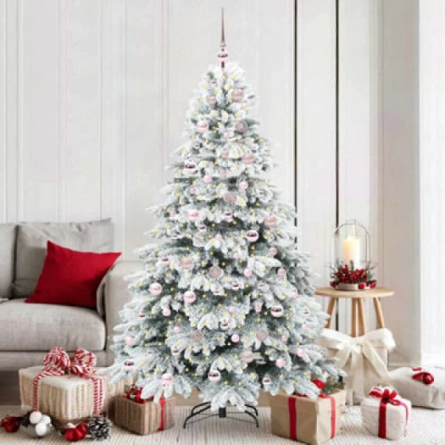 vidaXL Artificial Christmas Tree with 300 LEDs, Pink Balls Snow Flocked Green 180cm PE and PVC, Green 3397616