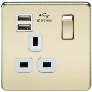 KnightsBridge 1G 13A Screwless Polished Brass 1G Switched Socket with Dual 5V USB Charger Ports - White Insert