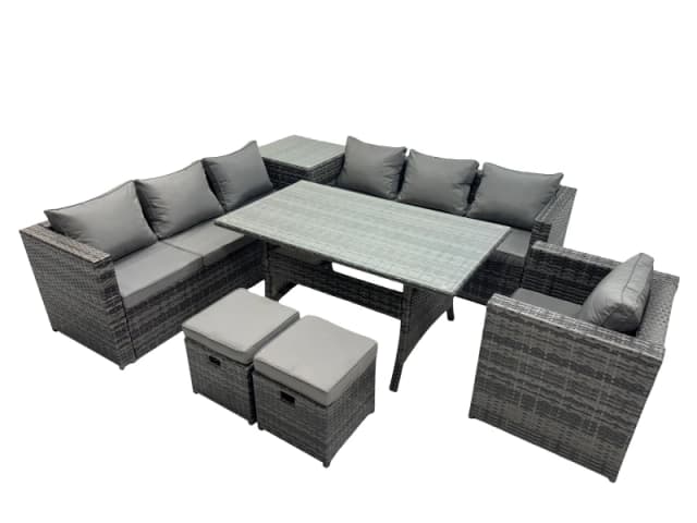 Fimous 9 Seater Garden Rattan Furniture Set with Side Table 2 Small Stools in Dark Grey Dark Grey Unisex