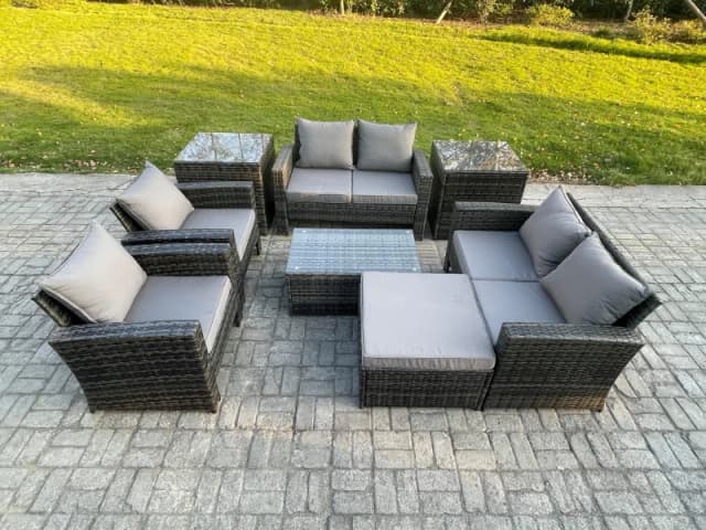 Fimous Garden Furniture Sets 8 Pieces Outdoor Rattan Furniture Manual Wicker Patio Sofa Chair Set with Coffee Table 2 Side Tables in Dark Grey Dark Gr