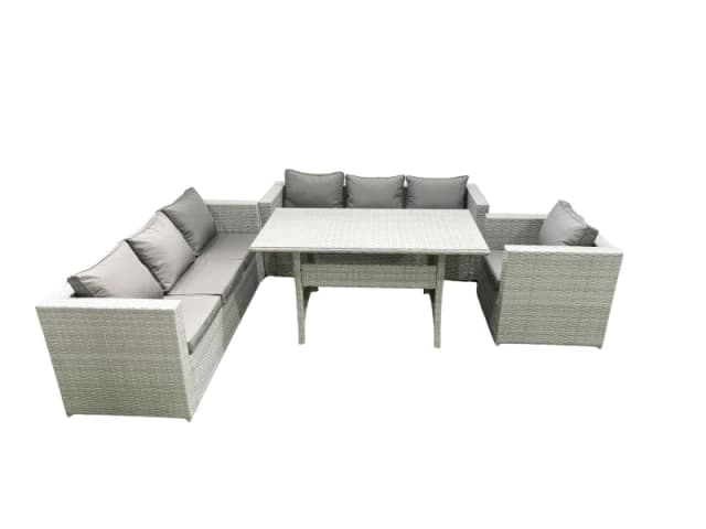 Fimous 4 Pieces Outdoor Rattan Sofa Set with Cushions Patio Garden Furniture Sets with Armchair Dining Table Light Grey Mixed Light Grey