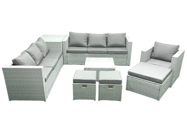 Fimous Wicker PE Rattan Sofa Garden Furniture Set with Armchair Square Coffee Table 3 Footstools Side Table Light Grey Mixed Light Grey