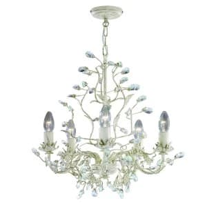 5 Light Multi Arm Ceiling Pendant Gold, Cream with Crystals Floral Leaves Design, E14