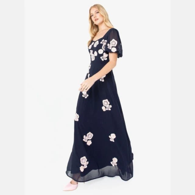 Maya Deluxe Maya Navy Short Sleeve Floral Embellished Maxi Dress Navy female 6 (2XS)