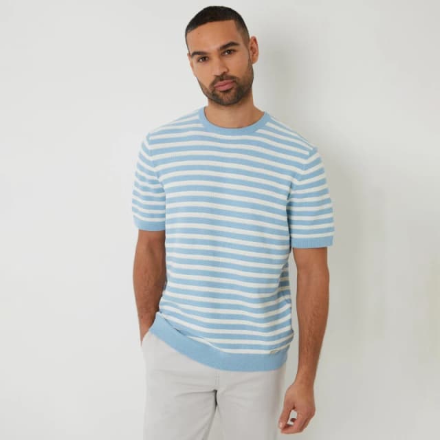 Threadbare Striped Textured Knitted T-Shirt - Blue Blue 2XL