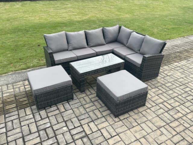 Fimous 8 Seater Wicker PE Outdoor Garden Furniture Set High Back Rattan Corner Sofa Set with 2 Big Footstool Rectangular Coffee Table in Dark Grey Dar