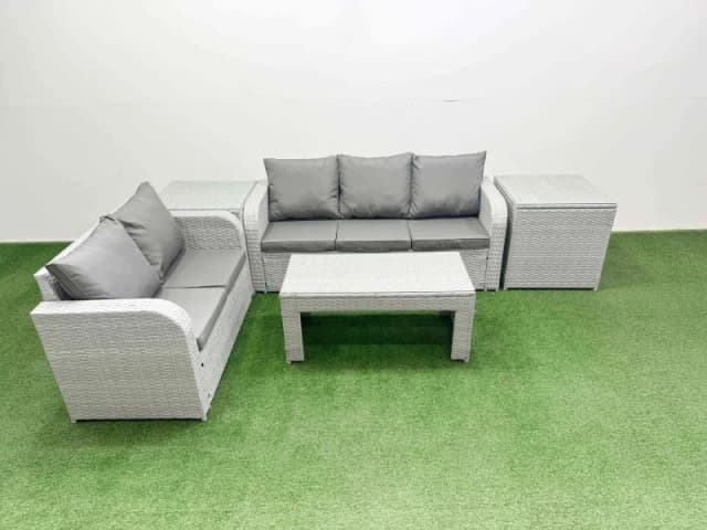 Fimous 5 Seater PE Rattan Wicker Garden Furniture Patio Conservatory Sofa Set with Oblong Coffee Table 3 Seater Sofa Love Sofa 2 Side Table Light Grey