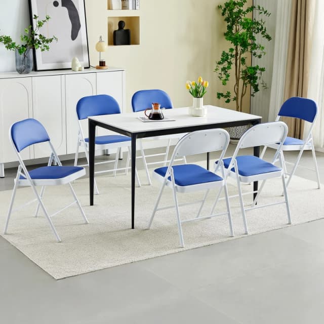 MCC Direct Set of 6 Folding Dining Chairs with Metal Frame and Padded Seats Blue
