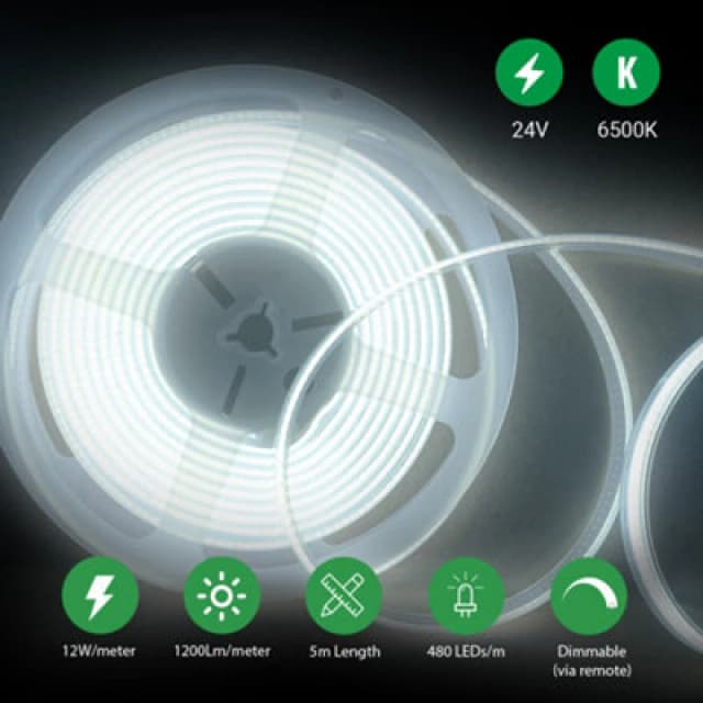 Ener-J 5 Meters Set Of 24V Dotless Cob Strip With 480 Ledsm Dimming Controller UK Adapter Plug 6500K