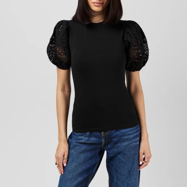 French Connection Womens Rosana Broderie Regular Fit T-Shirt 01-Blackout female 8 (XS)