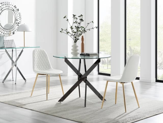 FurnitureboxUK FurnitureboxUK Novara 100cm Round Black Leg Dining Table & 2 Corona Gold Chairs in White White One Size Unisex 5056784304532