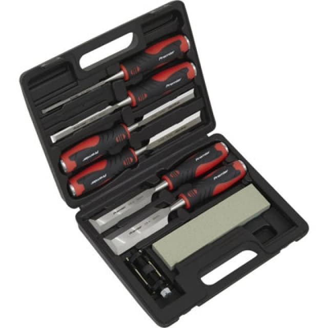 Loops 8 Piece Hammer-Thru Wood Chisel Set - Bevel Edged Blades - Storage Case Metallics