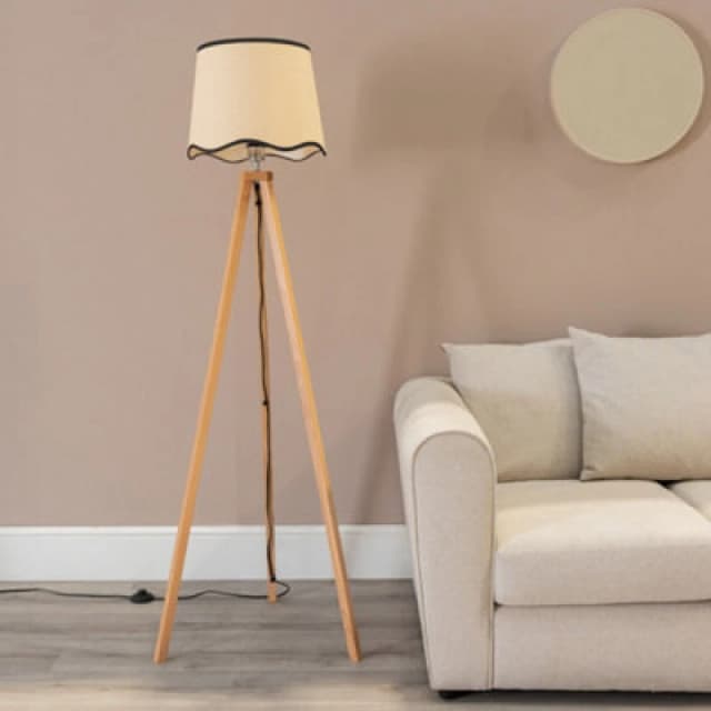 ValueLights Barbro Light Wood Tripod Floor Lamp with Natural Linen Scallop Edge Shade Black