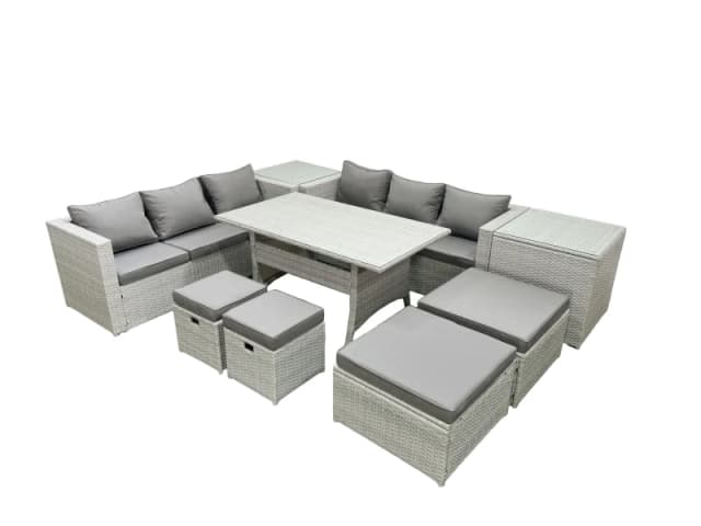 Fimous Rattan Garden Furniture Set Outdoor 10 Seater Patio Dining Sets with Glass Top Dining Table 2 Side Tables Light Grey Mixed Light Grey