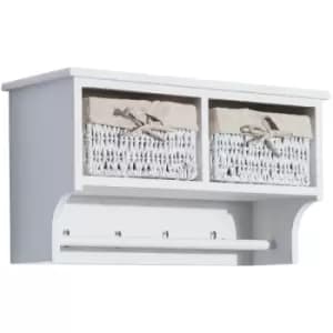Entryway Coat Rack Wall Mounted Shelf w/Wicker Basket and Hooks (2 Baskets, White) - Homcom