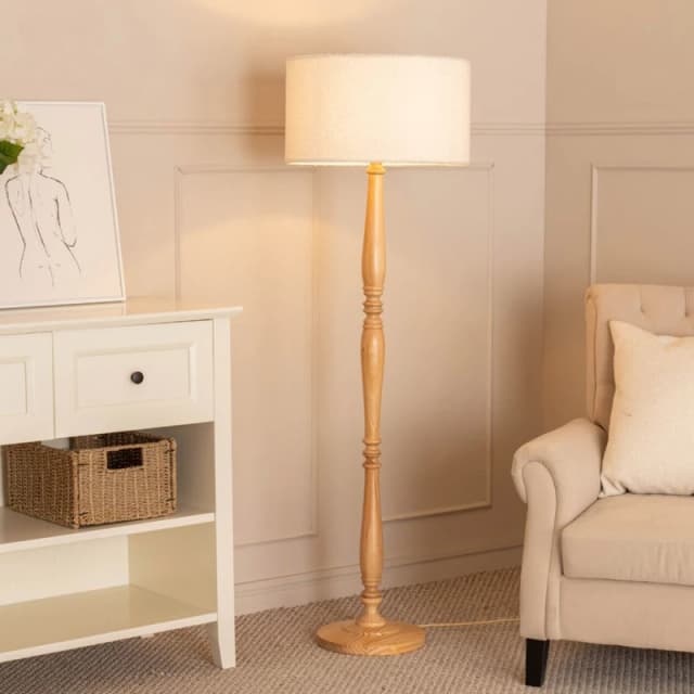 ValueLights Victoria Candlestick Light Wood Floor Lamp with Cream Boucle Drum Lamp Shade Natural