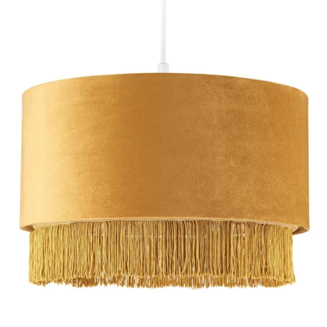 Happy Homewares Modern Velvet Drum Pendant Shade with Tassels & Embroidered Trim in Mustard Size: 14" Mustard Unisex 14"