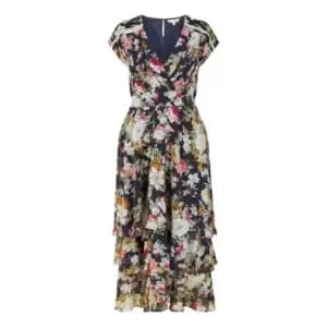 Yumi Navy Floral Tiered Midi Dress - Blue