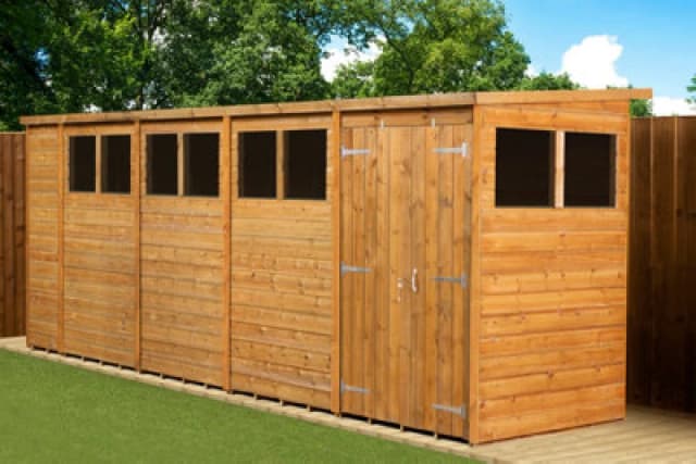 Empire Sheds Empire Modular Pent 18x4ft Wooden Garden Shed Double Door & Windows, Brown MP18X4DDW