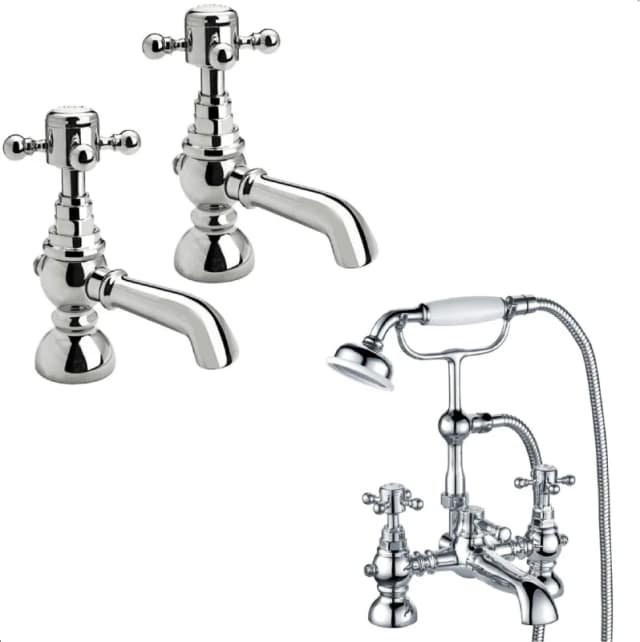 Balterley Crosshead Basin Pillar Taps & Bath Shower Mixer with Kit - Chrome in Silver Silver Unisex