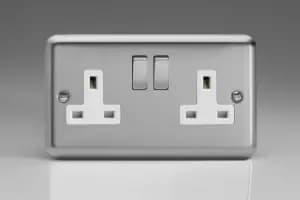 Varilight Classic 2 Gang Switched Socket with White insert (Double XS5DW) - Matt Chrome - XS5DW