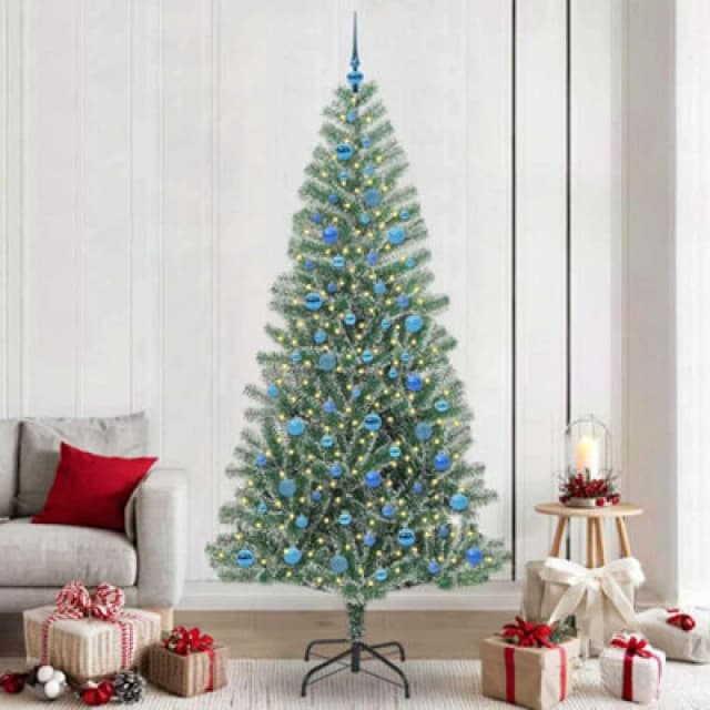 vidaXL Artificial Christmas Tree with Blue Balls Snow Flocked with LED Light 240 cm, Green 3396840