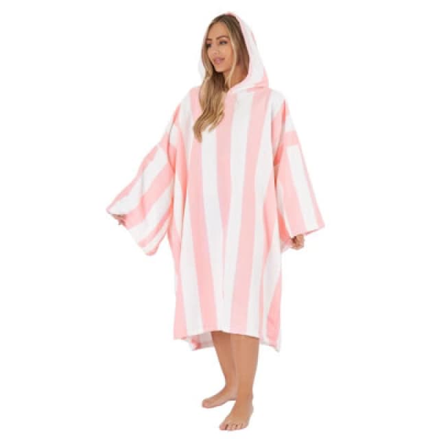 OHS OHS Stripe Poncho Towel Hooded Absorbent Bath Robe in Light Pink Light Pink One Size Unisex 5027434145850