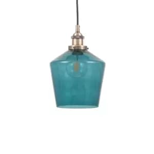 Teal Glass and Antique Brass Metal Pendant