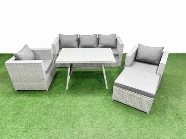 Fimous 6 Pieces Outdoor PE Rattan Sofa Armchair Set with Big Stool Light Grey Light Grey Unisex