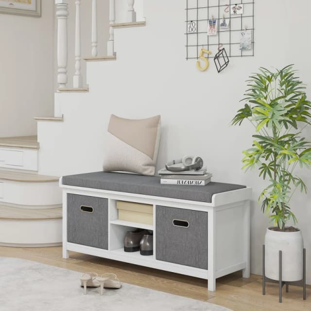 HOMCOM Shoe Bench with Cushioned Seat Fabric Drawers for Entryway Hallway White - Homcom 5056725516307