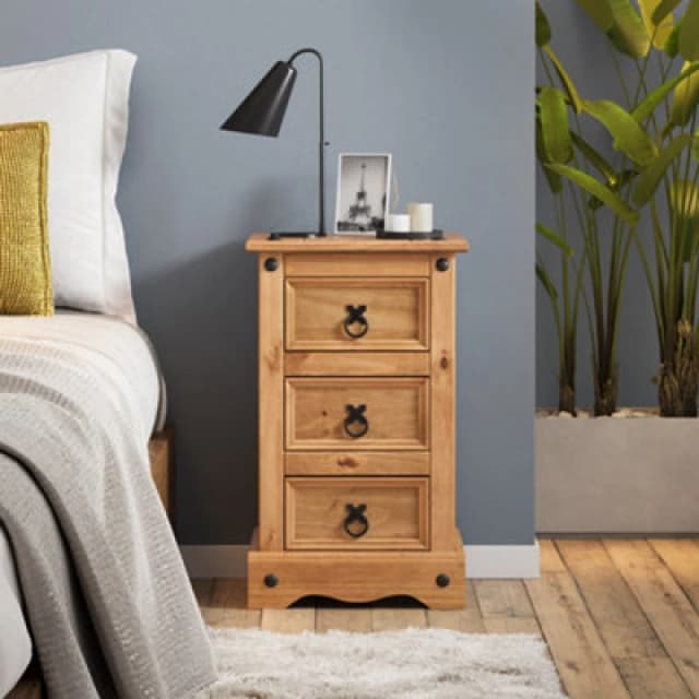 Mercers Furniture Corona Narrow 3 Drawer Bedside Cabinet Table Solid Wood Pine With Mexican Styling Wooden