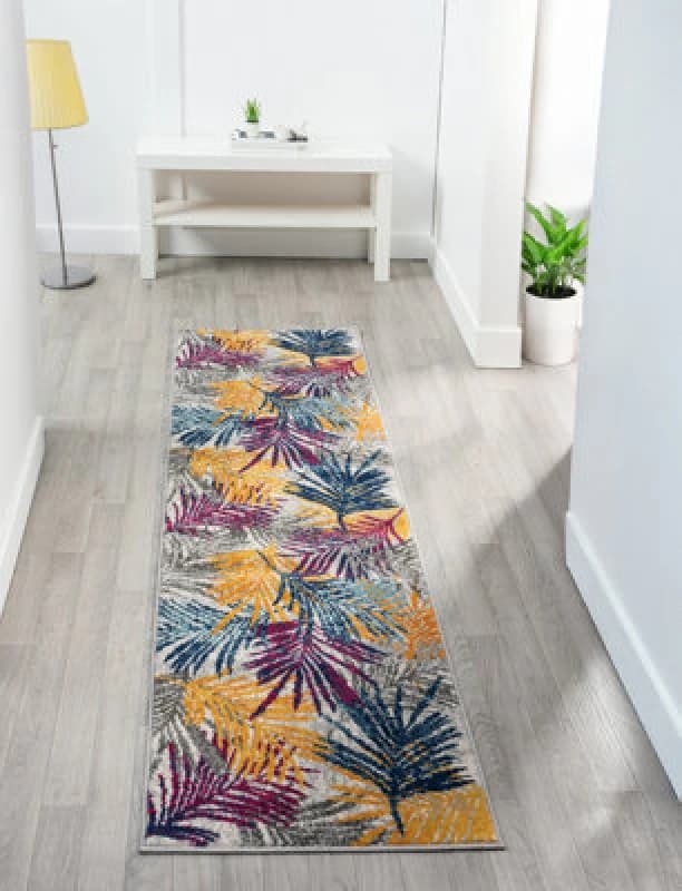 San Marino Modern Living Room Area Rug - Low Pile Leaf Design Muti Coloured 60Cm X 220Cm