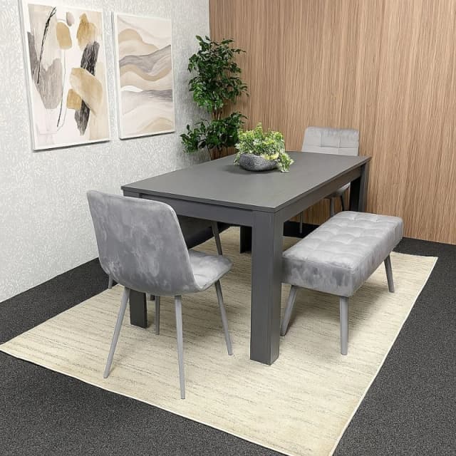 KOSY KOALA KOSY KOALA Dining Table and 4 Chairs With 2 Benches Dark Grey Table 2 Grey Velvet Chairs Wood Table Dining Set Furniture Dark Grey One Size