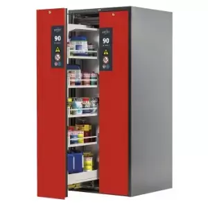 asecos Type 90 fire resistant vertical pull-out cabinet, 2 drawers, 8 tray shelves, grey/red