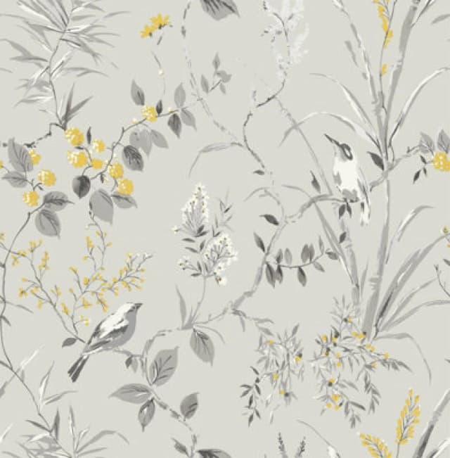 FINE DECOR Fine Decor - Floral Birds Wallpaper Grey Yellow Metallic Flower Shimmer Mariko WL-M1551