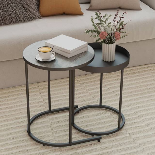 HOMCOM HOMCOM Round Nesting Side Table Set of 2 with Metal Frame for Living Room in Grey Grey One Size Unisex 5063603659933