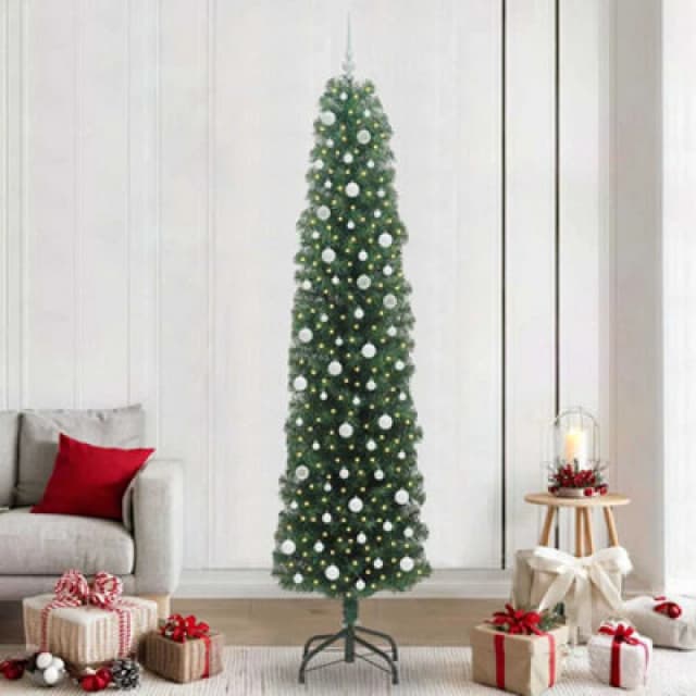 vidaXL Artificial Christmas Tree with 300 LEDs, White Balls with Stand Green 240 x 61 cm, Green 3394972