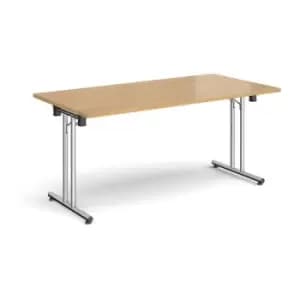 Rectangular folding leg table with chrome legs and straight foot rails 1600mm x 800mm - oak