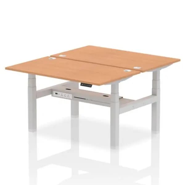 Air Air Back-to-Back 1400 x 800mm Height Adjustable 2 Person Bench Desk Oak Top with Cable Ports Silver Frame HASCP2P14800OAKS