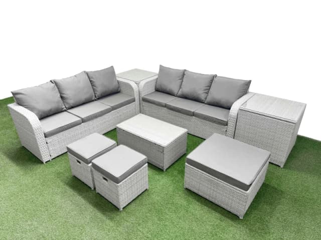 Fimous Outdoor Garden Furniture Sets 9 Seater Wicker Rattan Furniture Sofa Sets with Rectangular Coffee Table high Back Lounge Sofa 3 Stools 2 Side Ta