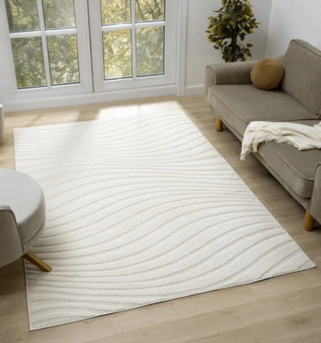 Aya Living Room Area Rugs - Embossed Waves Design Cream 80Cm X 150Cm