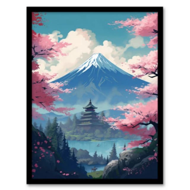 Artery8 Japanese Temple Mount Fuji Lake Green Pink Cherry Blossom Trees Framed Wall Art Print