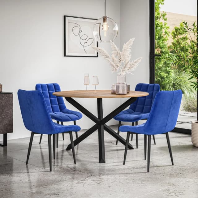 More4Homes Malvern Round Dining Table And Chairs - Oak Table Top W Solid Black Oak Legs + Nova Velvet Dining Chair Set Of 4 (Blue)