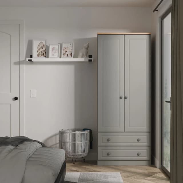 Welcome Furniture Ready Assembled Norfolk 2ft6In 2 Drawer Wardrobe In Dusk Grey & Bardolino Oak, Grey NOR061DGBO