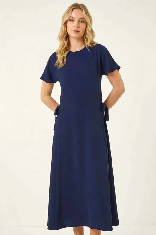 Roman Womens Side Tie Detail Midi Dress in Navy Size: 10 Navy Female 10