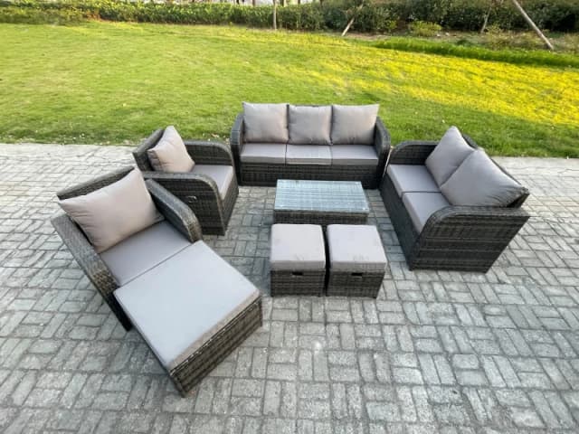 Fimous Patio Garden Furniture Sets Wicker 10 Seater Outdoor Rattan Furniture Sofa Sets with Rectangular Coffee Table Reclining Chair Loveseat Sofa Dar