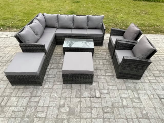 Fimous 10 Seater Rattan Lounge Corner Sofa Set Wicker PE Outdoor Garden Furniture Set with Coffee Table 2 Big Footstool 2 Armchair in Dark Grey Dark G