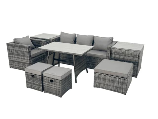 Fimous Rattan Dining Table Sofa Set with 2 Side Tables 3 Footstools Outdoor in Dark Grey Dark Grey Unisex