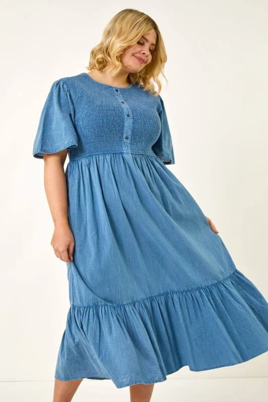 Roman Womens Curve Denim Shirred Midi Dress in Blue Size: 20 Blue Female 20