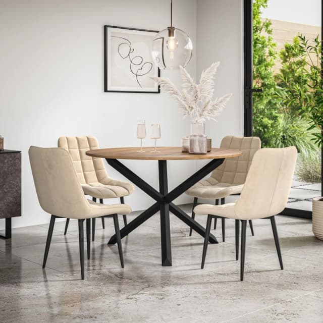 More4Homes Malvern Round Dining Table And Chairs - Oak Table Top W Solid Black Oak Legs + Nova Velvet Dining Chair Set Of 4 (Beige)